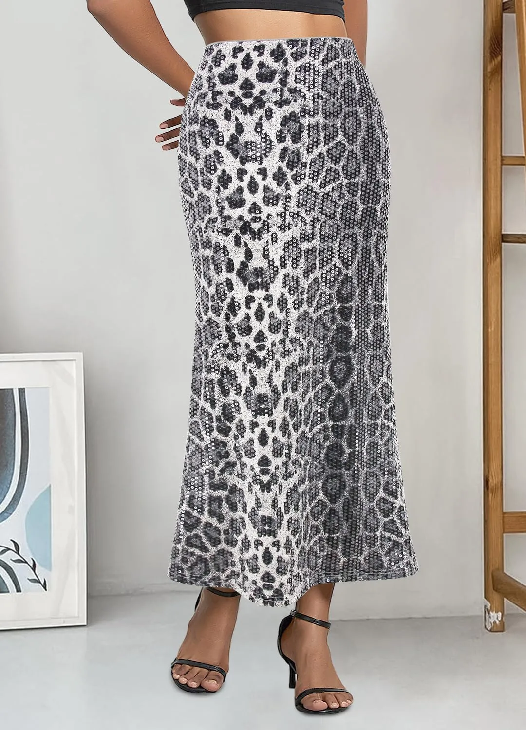 Women's Sexy Wild Leopard Skirt Sparkly Sequin Maxi Long Skirt High Waist A-Line Bodycon Skirts for Cocktail Prom