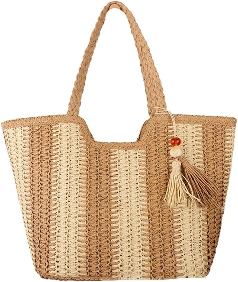 Womens Striped Straw Hobo Bag Handwoven Summer Beach Handbag Tote Bag Fashion Large Straw Shoulder Bags