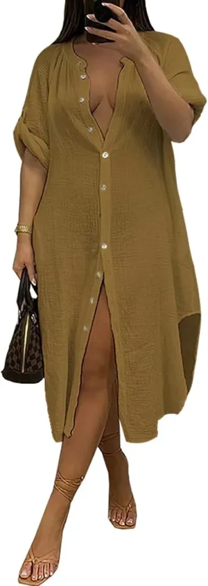 Womens Summer Button Down Rolled-Up Sleeve Loose Casual Side Split Shirt Dresses Swimsuit Cover Ups