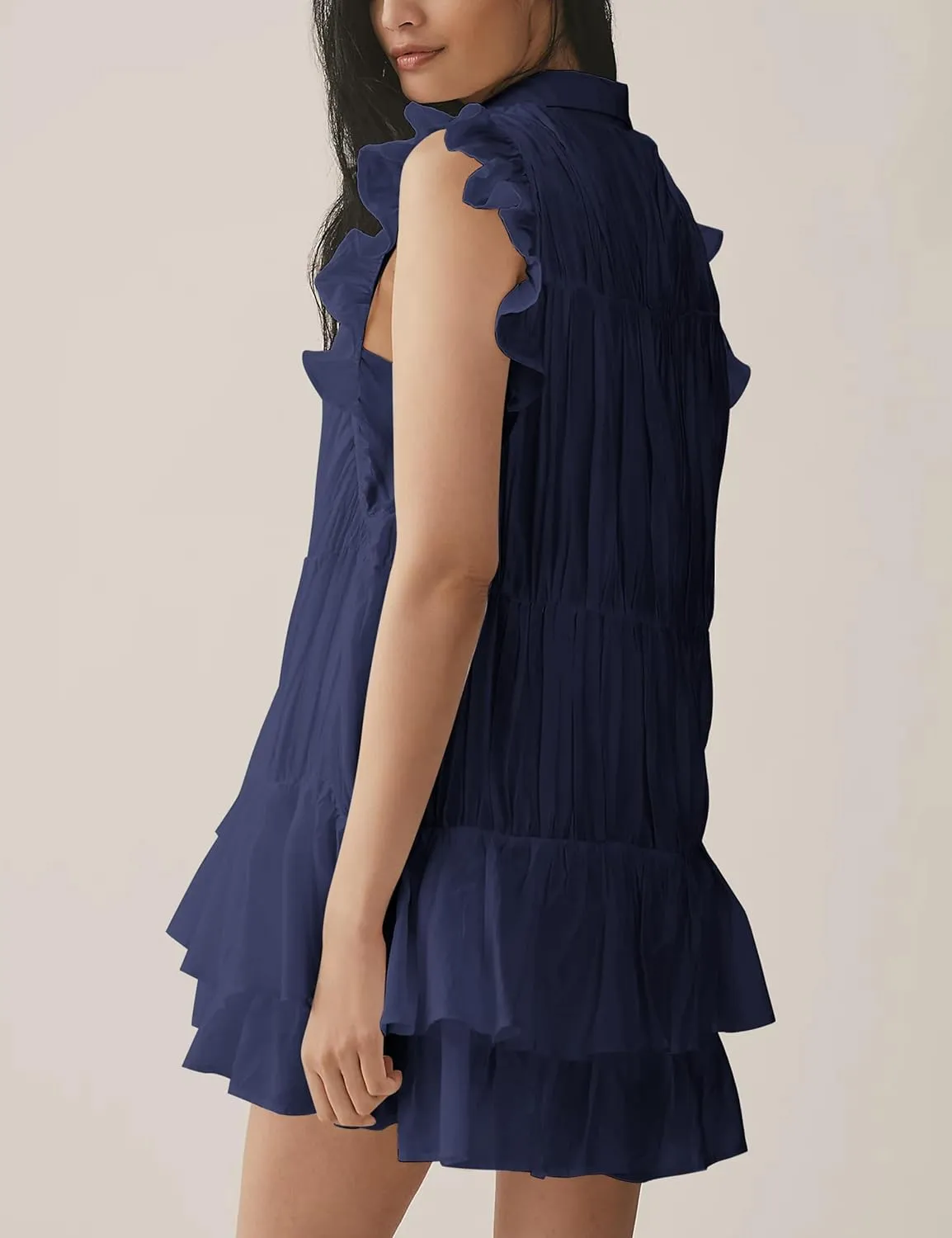 Womens Summer Casual Button Down Shirt Dress Tiered Ruffle Sleeveless Mini Dresses Loose Fit Beach Sundress