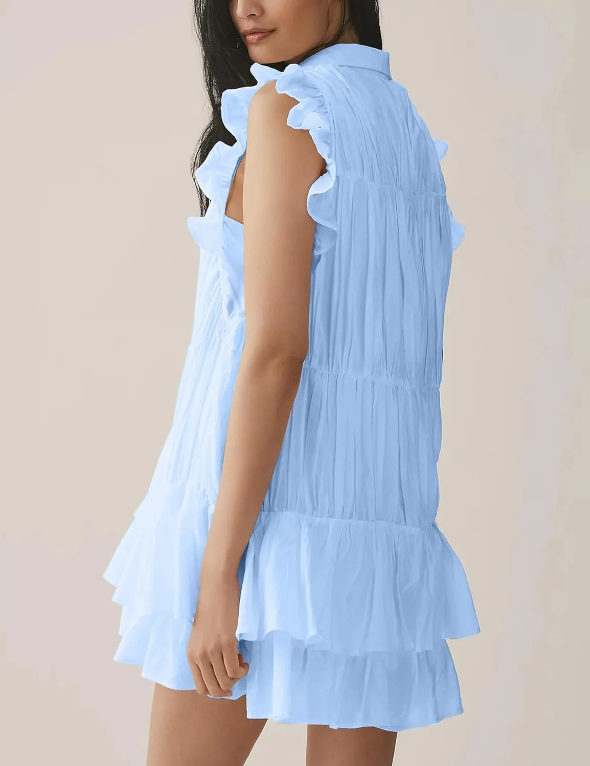 Womens Summer Casual Button Down Shirt Dress Tiered Ruffle Sleeveless Mini Dresses Loose Fit Beach Sundress