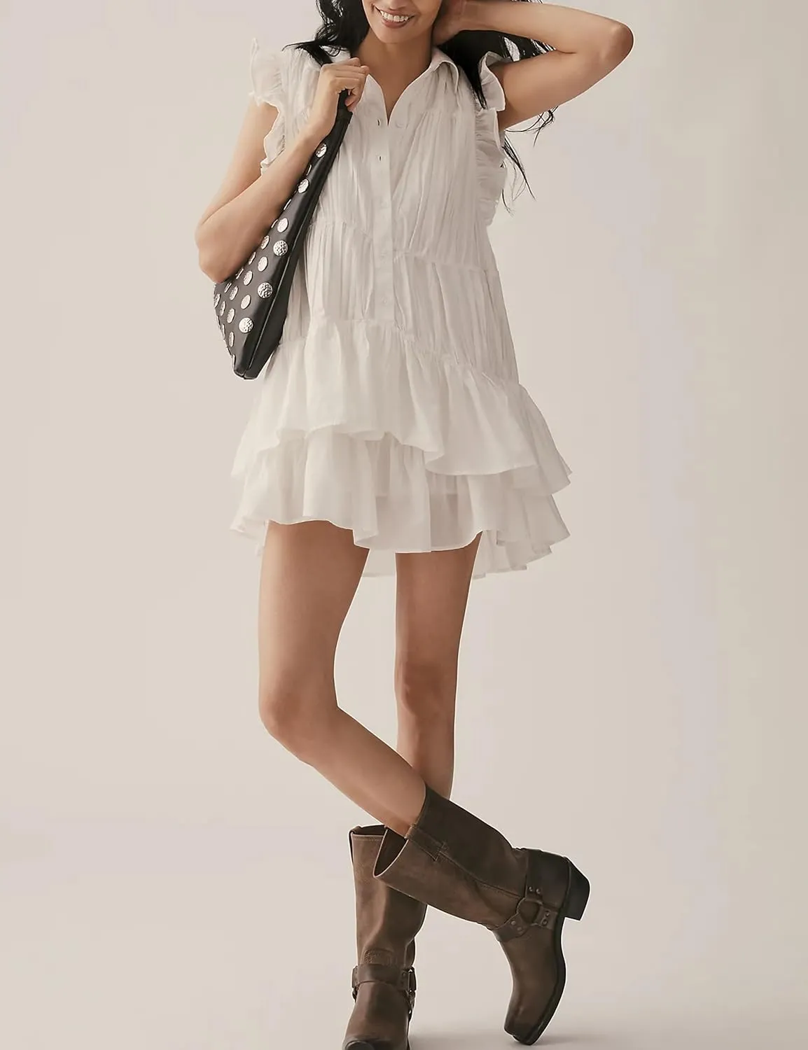 Womens Summer Casual Button Down Shirt Dress Tiered Ruffle Sleeveless Mini Dresses Loose Fit Beach Sundress