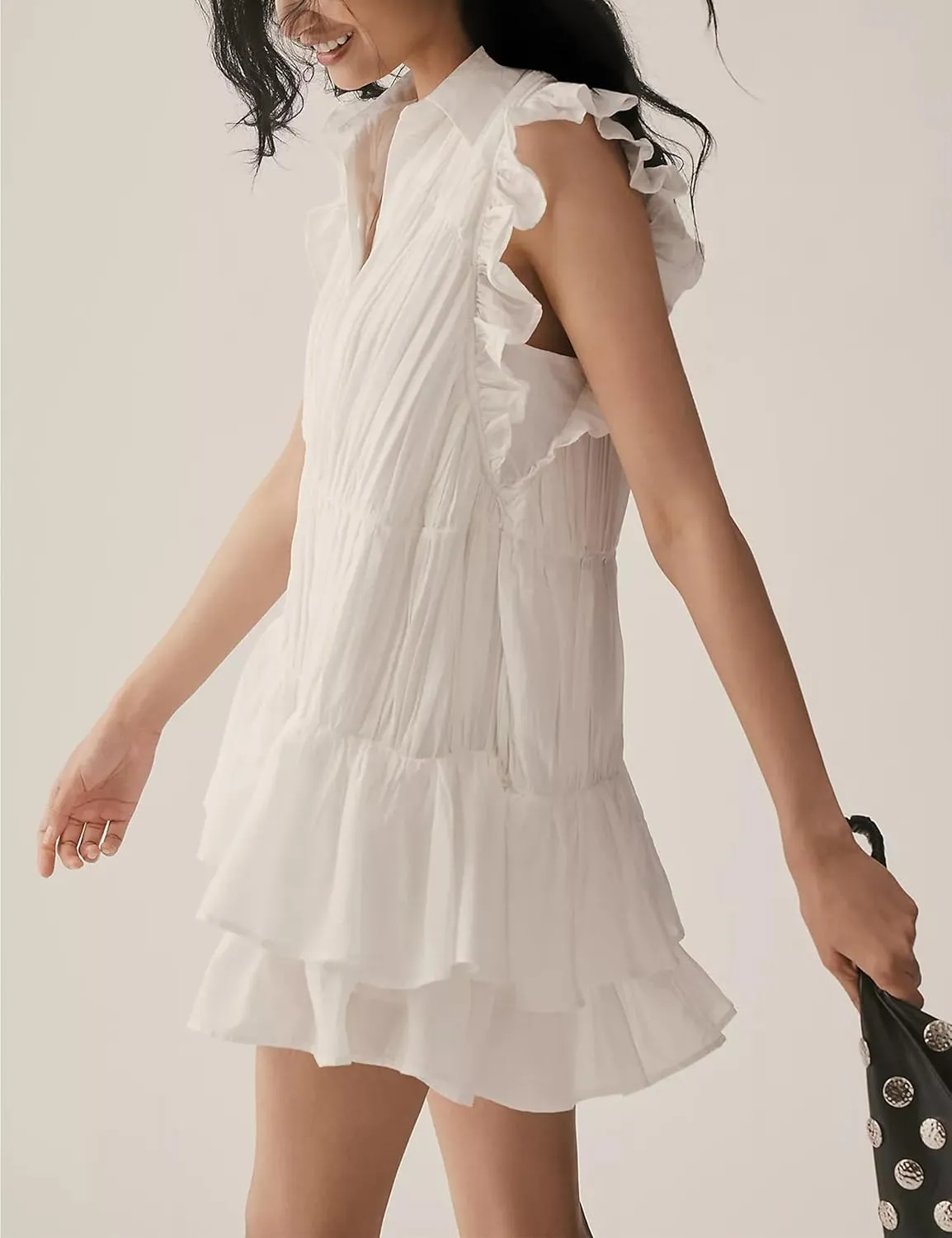 Womens Summer Casual Button Down Shirt Dress Tiered Ruffle Sleeveless Mini Dresses Loose Fit Beach Sundress