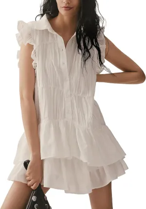 Womens Summer Casual Button Down Shirt Dress Tiered Ruffle Sleeveless Mini Dresses Loose Fit Beach Sundress