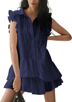 Womens Summer Casual Button Down Shirt Dress Tiered Ruffle Sleeveless Mini Dresses Loose Fit Beach Sundress