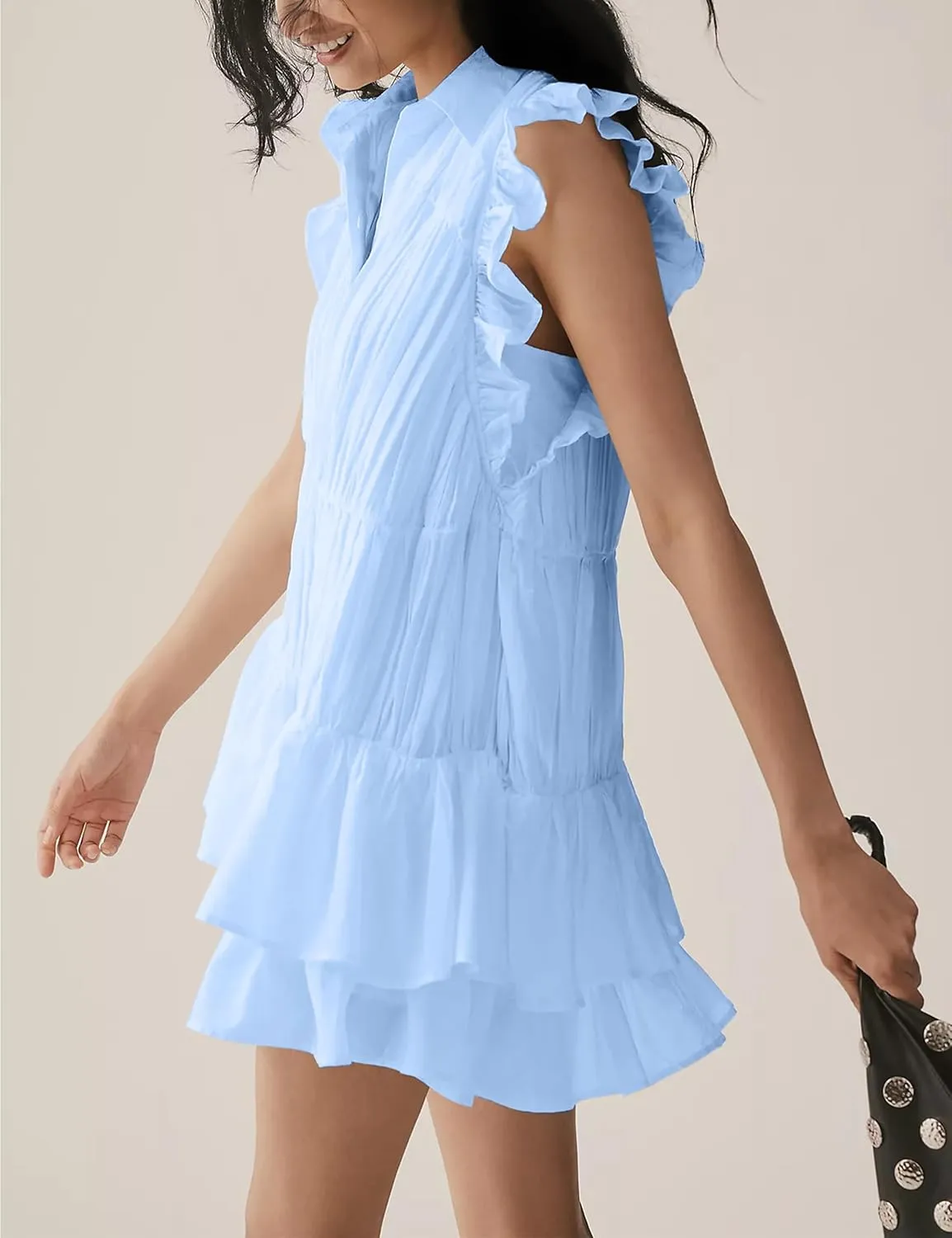 Womens Summer Casual Button Down Shirt Dress Tiered Ruffle Sleeveless Mini Dresses Loose Fit Beach Sundress
