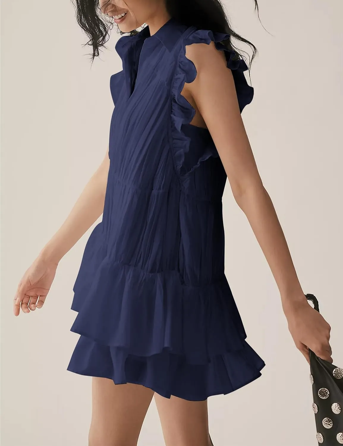 Womens Summer Casual Button Down Shirt Dress Tiered Ruffle Sleeveless Mini Dresses Loose Fit Beach Sundress