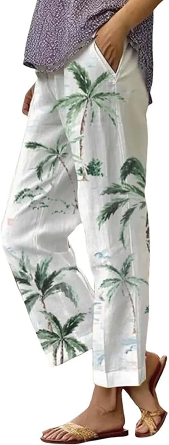 Womens Summer Cotton Linen Patterned Trousers Loose Comfortable Casual Pants Straight Daily Elastic Pant with Pockets