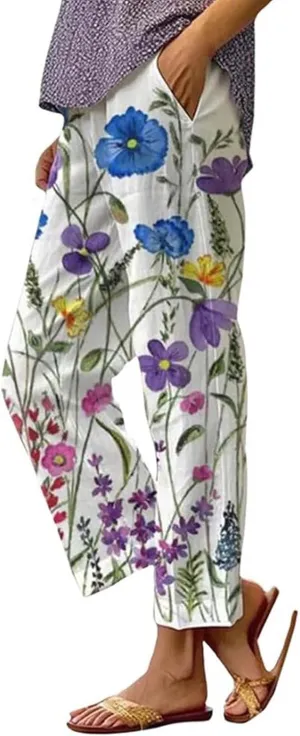 Womens Summer Cotton Linen Patterned Trousers Loose Comfortable Casual Pants Straight Daily Elastic Pant with Pockets