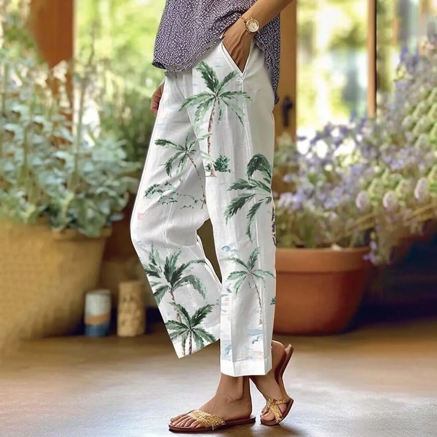 Womens Summer Cotton Linen Patterned Trousers Loose Comfortable Casual Pants Straight Daily Elastic Pant with Pockets
