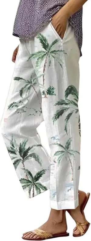 Womens Summer Cotton Linen Patterned Trousers Loose Comfortable Casual Pants Straight Daily Elastic Pant with Pockets