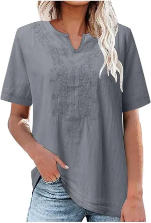 Women's Summer Cotton Linen Tunic Shirt Floral Embroidery Tees Shirts Casual Jacquard Boho Blouses Loose Tshirts
