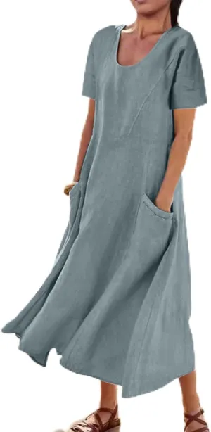 Women's Summer Dress Casual Short Sleeve Flowy with Pockets Comfortable Loose Outdoor Dressy Scoop Neck Clothes 2025