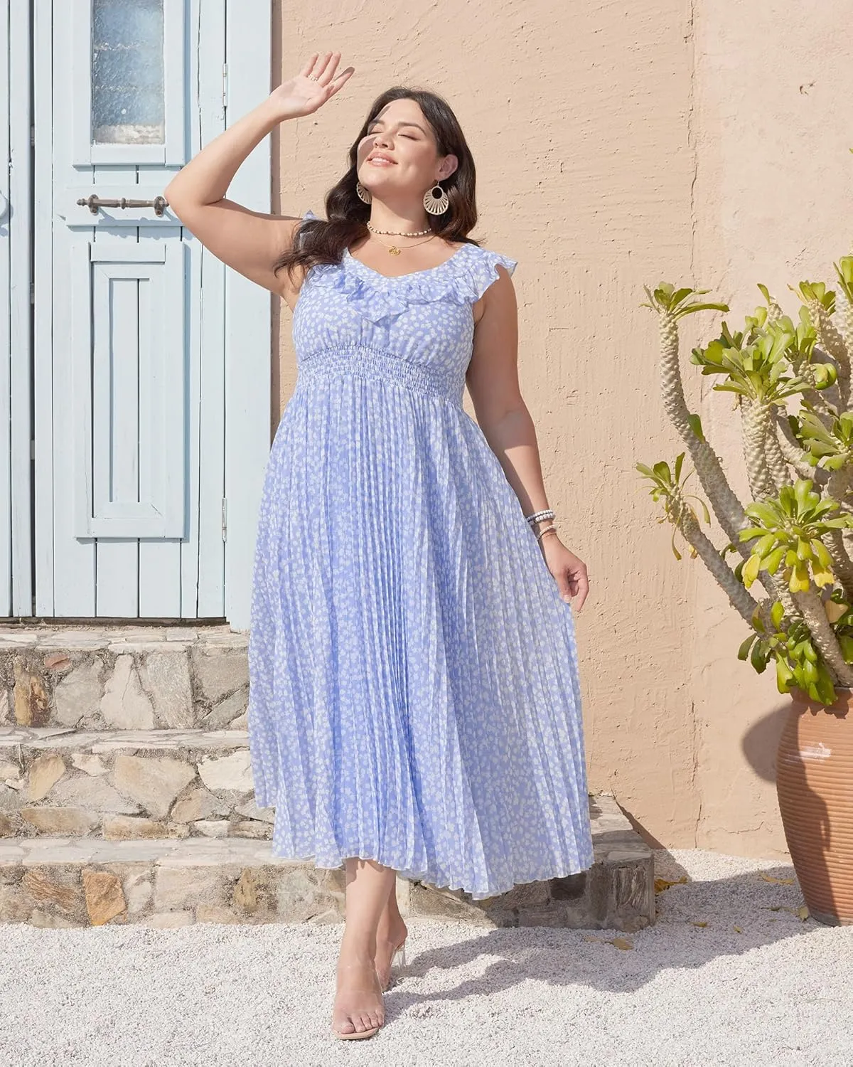 Women's Summer Floral Dress Sleeveless Casual Boho Beach V Neck Tiered Front A-Line Flowy Maxi Dresses