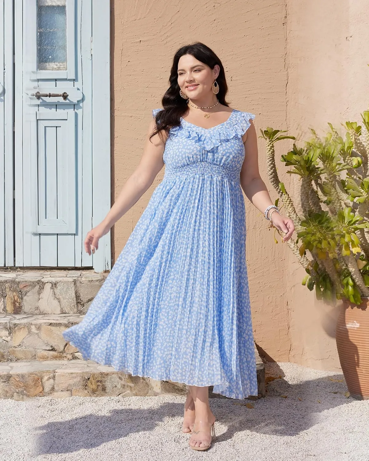 Women's Summer Floral Dress Sleeveless Casual Boho Beach V Neck Tiered Front A-Line Flowy Maxi Dresses