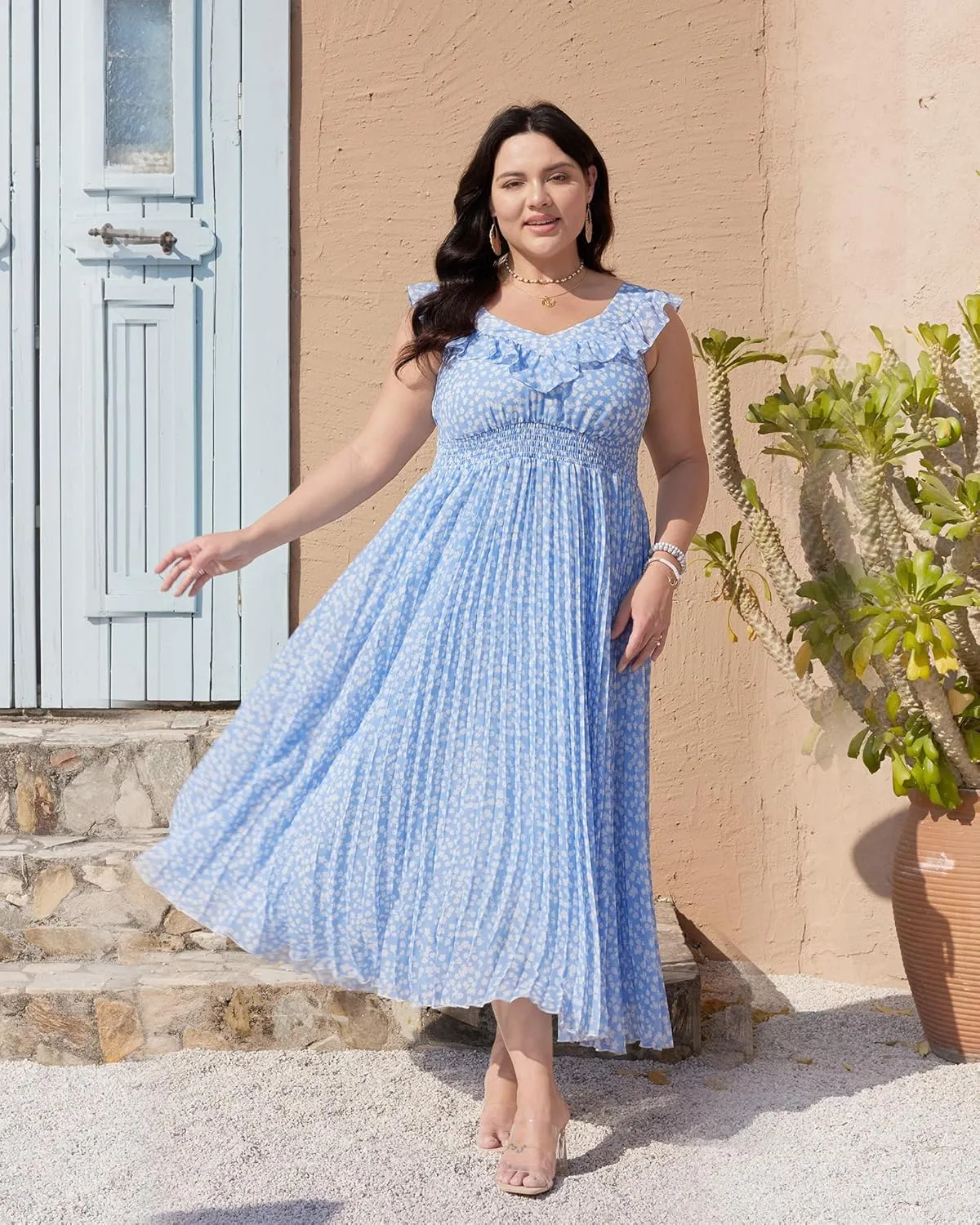 Women's Summer Floral Dress Sleeveless Casual Boho Beach V Neck Tiered Front A-Line Flowy Maxi Dresses