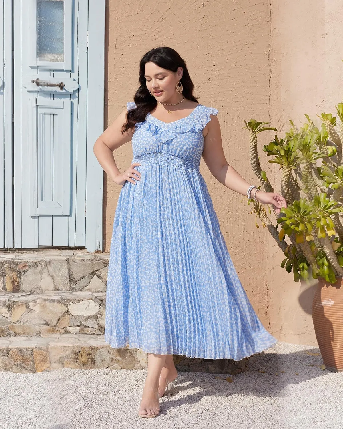 Women's Summer Floral Dress Sleeveless Casual Boho Beach V Neck Tiered Front A-Line Flowy Maxi Dresses