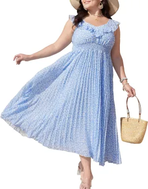 Women's Summer Floral Dress Sleeveless Casual Boho Beach V Neck Tiered Front A-Line Flowy Maxi Dresses
