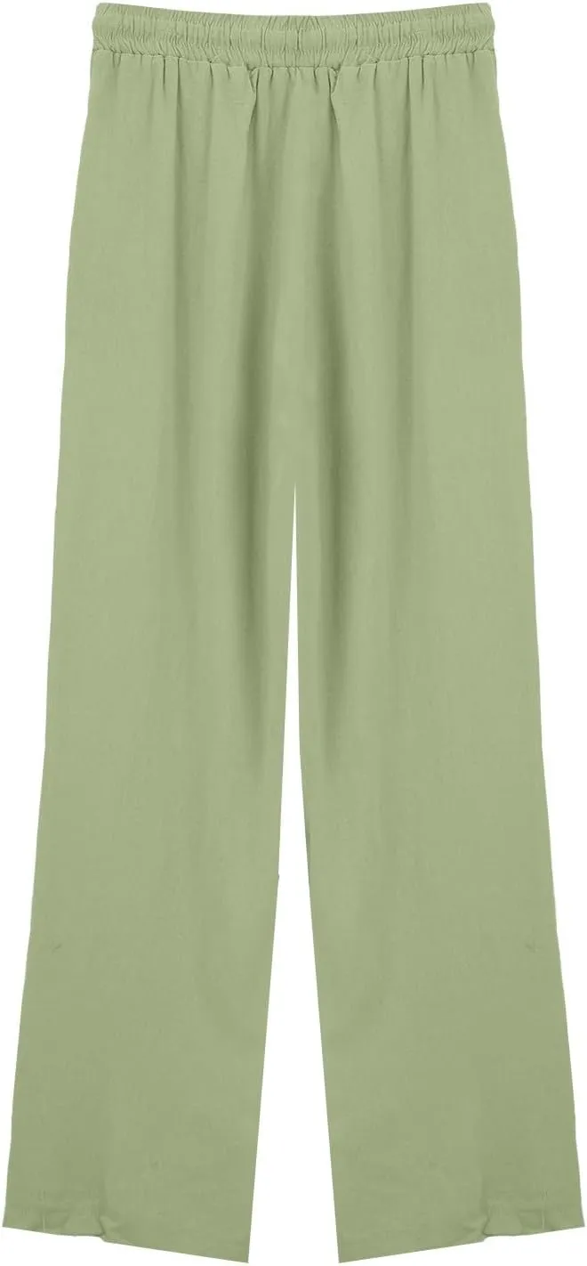 Womens Summer Pure Cotton Linen Pant Drawstring Waist Straight Pants Casual Loose Baggy Comfortable Trousers