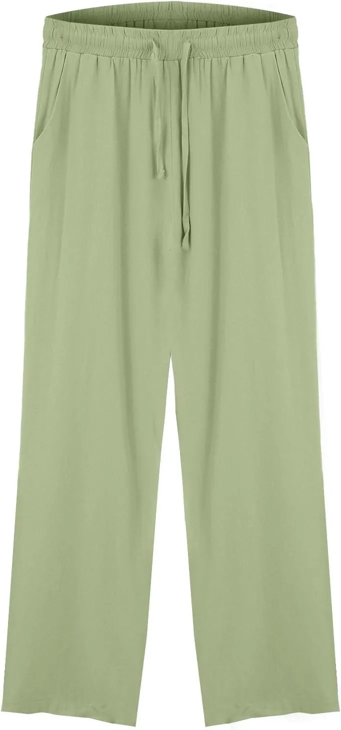 Womens Summer Pure Cotton Linen Pant Drawstring Waist Straight Pants Casual Loose Baggy Comfortable Trousers