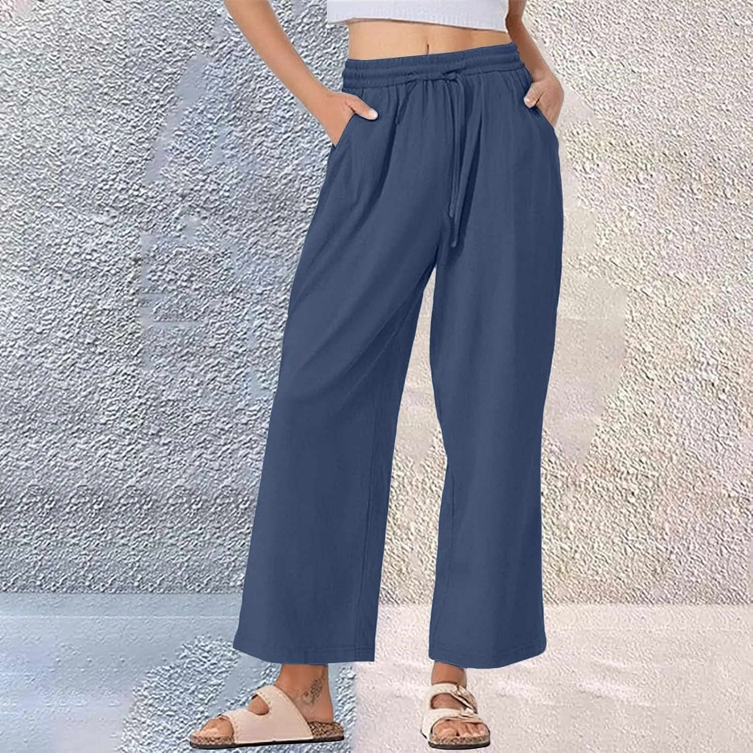 Womens Summer Pure Cotton Linen Pant Drawstring Waist Straight Pants Casual Loose Baggy Comfortable Trousers