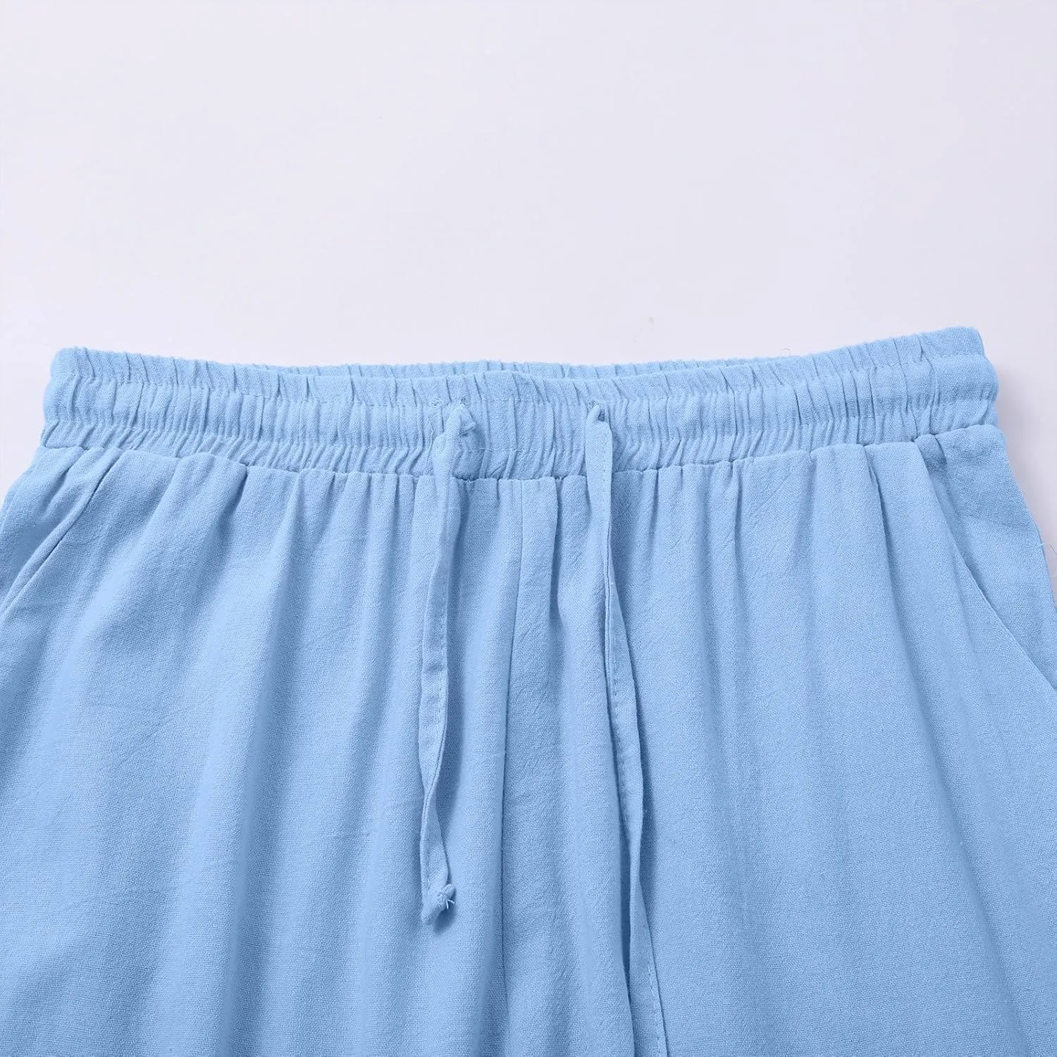 Womens Summer Pure Cotton Linen Pant Drawstring Waist Straight Pants Casual Loose Baggy Comfortable Trousers