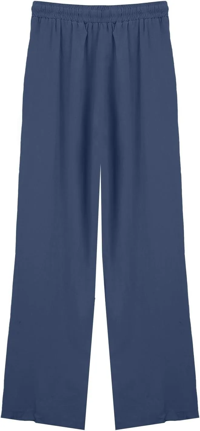 Womens Summer Pure Cotton Linen Pant Drawstring Waist Straight Pants Casual Loose Baggy Comfortable Trousers