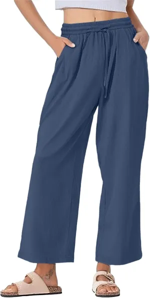 Womens Summer Pure Cotton Linen Pant Drawstring Waist Straight Pants Casual Loose Baggy Comfortable Trousers