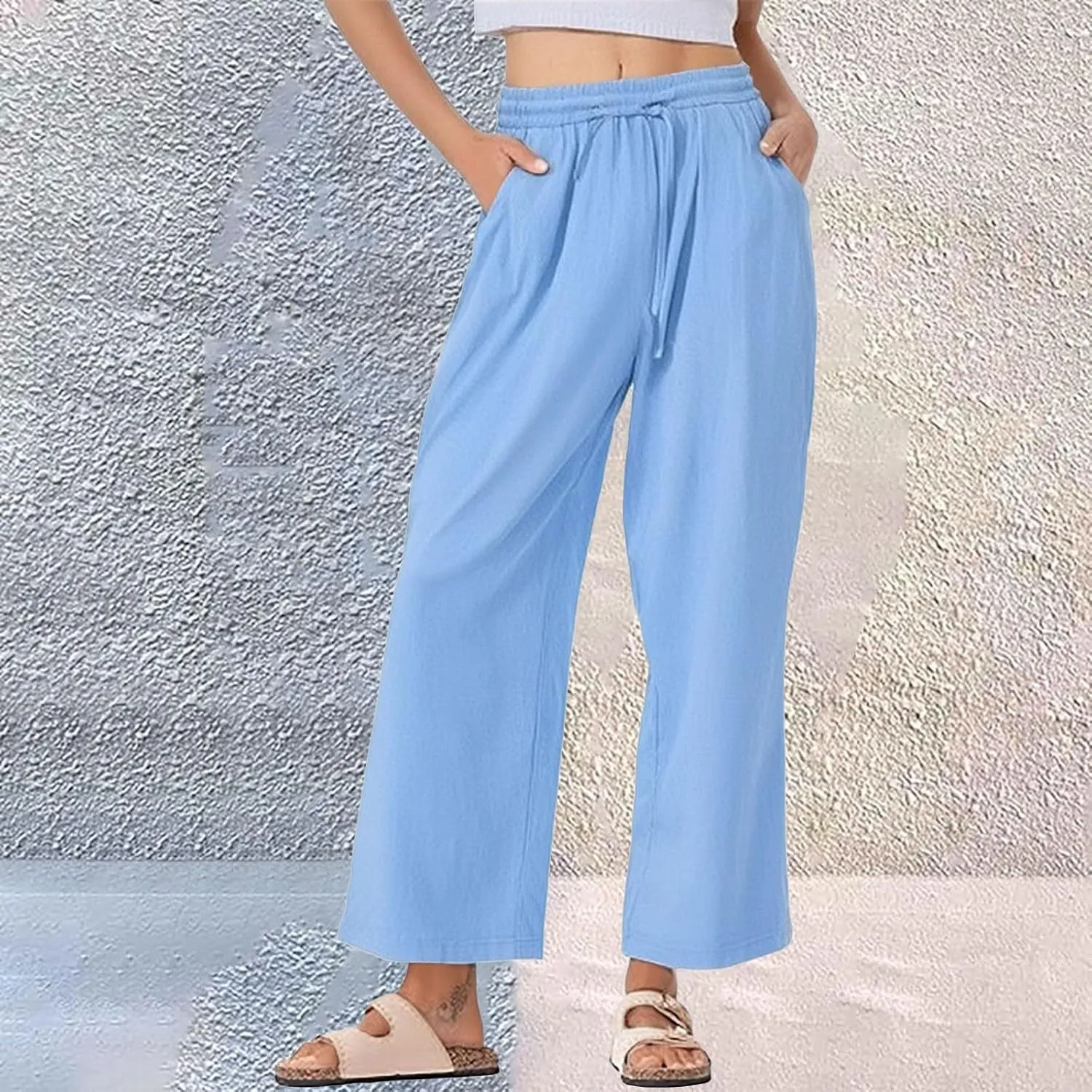 Womens Summer Pure Cotton Linen Pant Drawstring Waist Straight Pants Casual Loose Baggy Comfortable Trousers