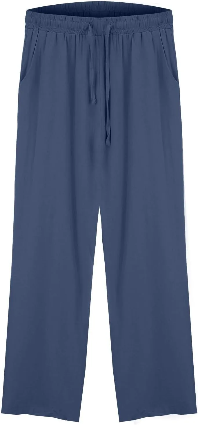 Womens Summer Pure Cotton Linen Pant Drawstring Waist Straight Pants Casual Loose Baggy Comfortable Trousers