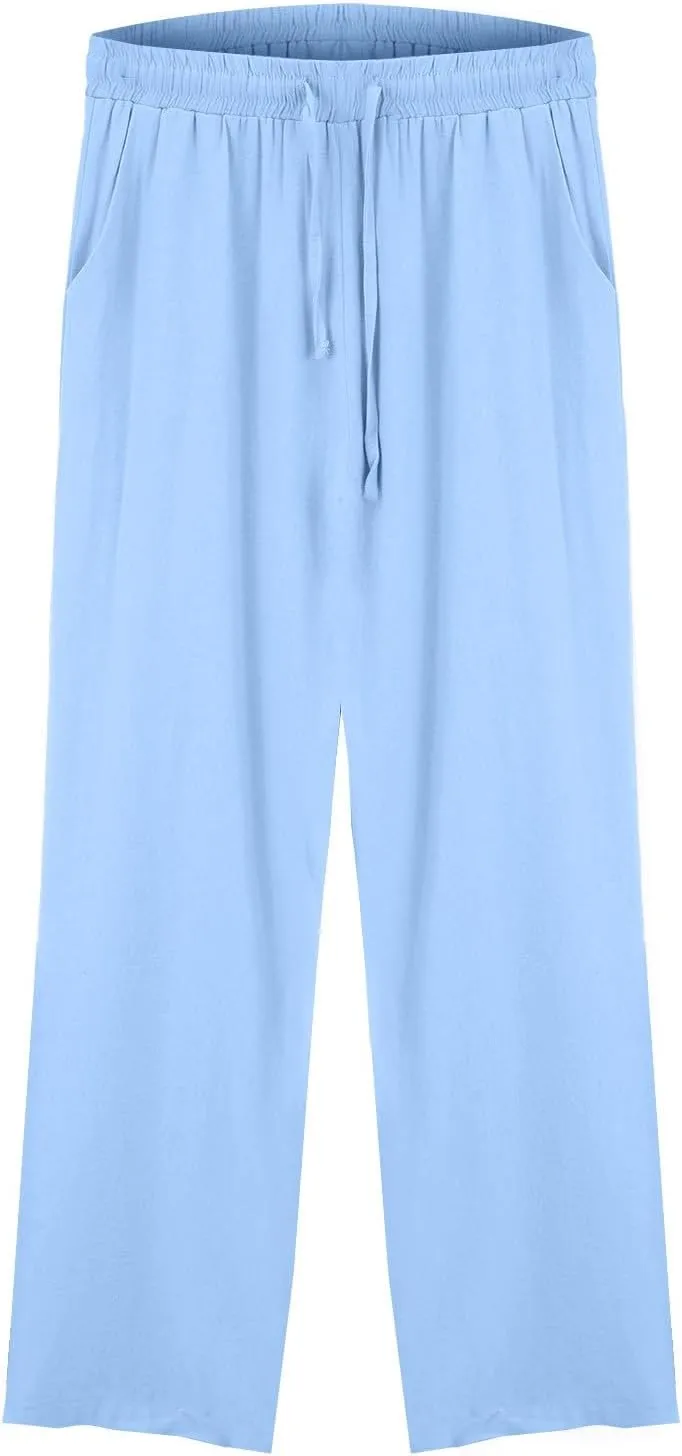 Womens Summer Pure Cotton Linen Pant Drawstring Waist Straight Pants Casual Loose Baggy Comfortable Trousers