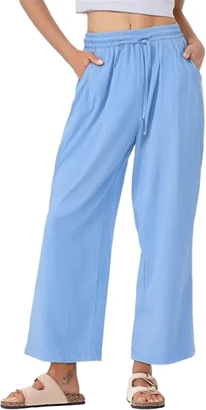Womens Summer Pure Cotton Linen Pant Drawstring Waist Straight Pants Casual Loose Baggy Comfortable Trousers