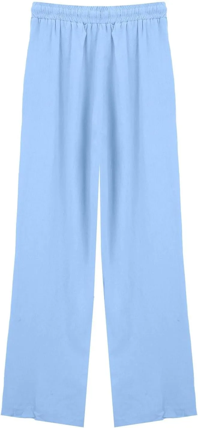 Womens Summer Pure Cotton Linen Pant Drawstring Waist Straight Pants Casual Loose Baggy Comfortable Trousers