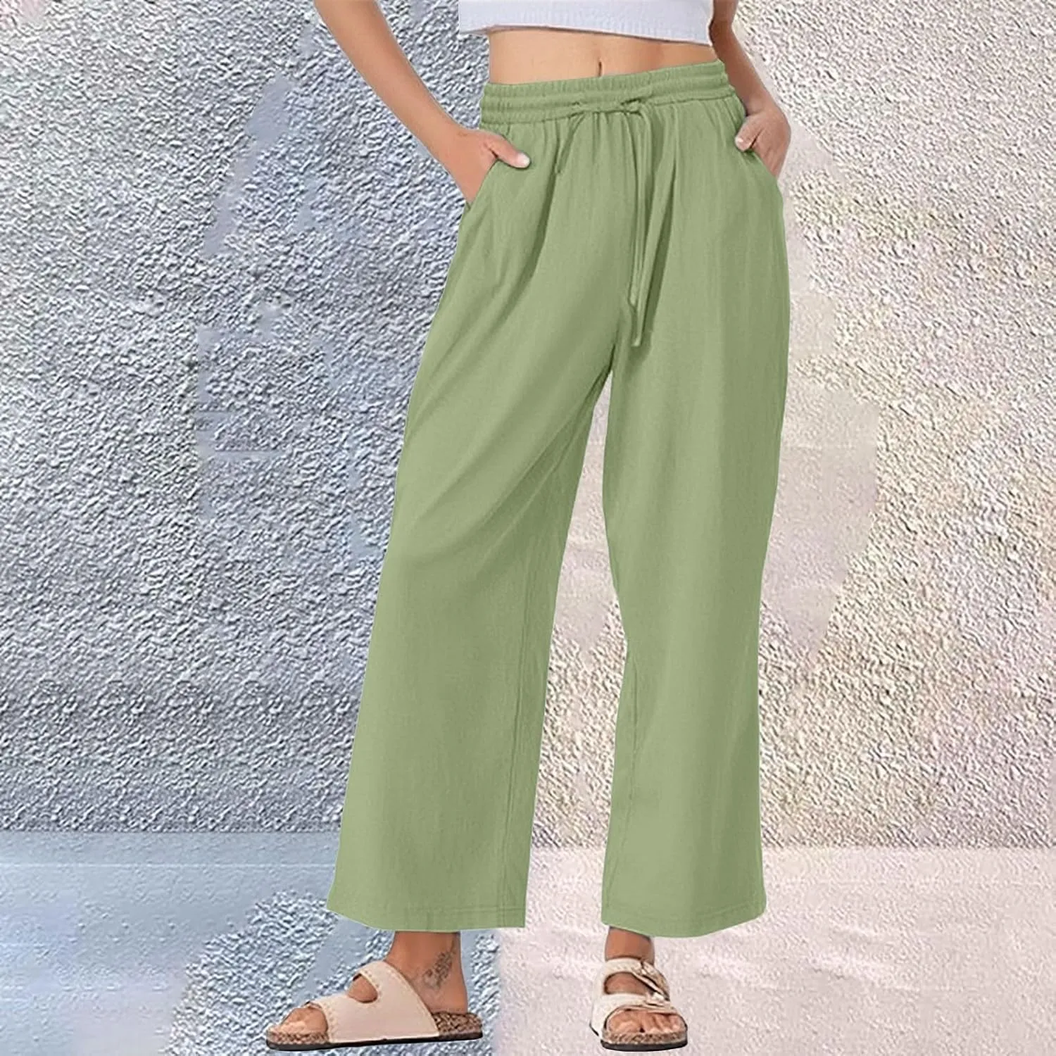 Womens Summer Pure Cotton Linen Pant Drawstring Waist Straight Pants Casual Loose Baggy Comfortable Trousers