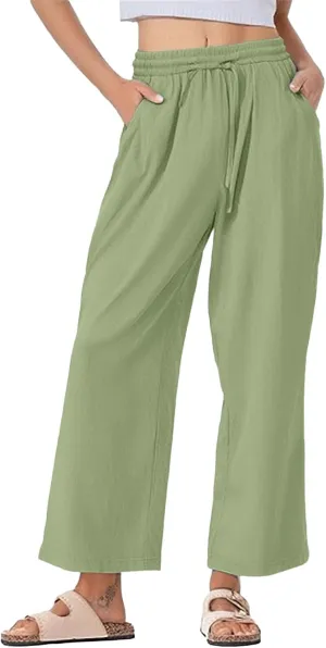 Womens Summer Pure Cotton Linen Pant Drawstring Waist Straight Pants Casual Loose Baggy Comfortable Trousers