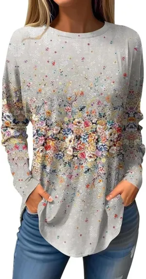 Womens Tunic Shirts Loose Fit Bohemian Floral Print T Shirts Crew Neck Pullover Casual Long Sleeve Tops for Leggings