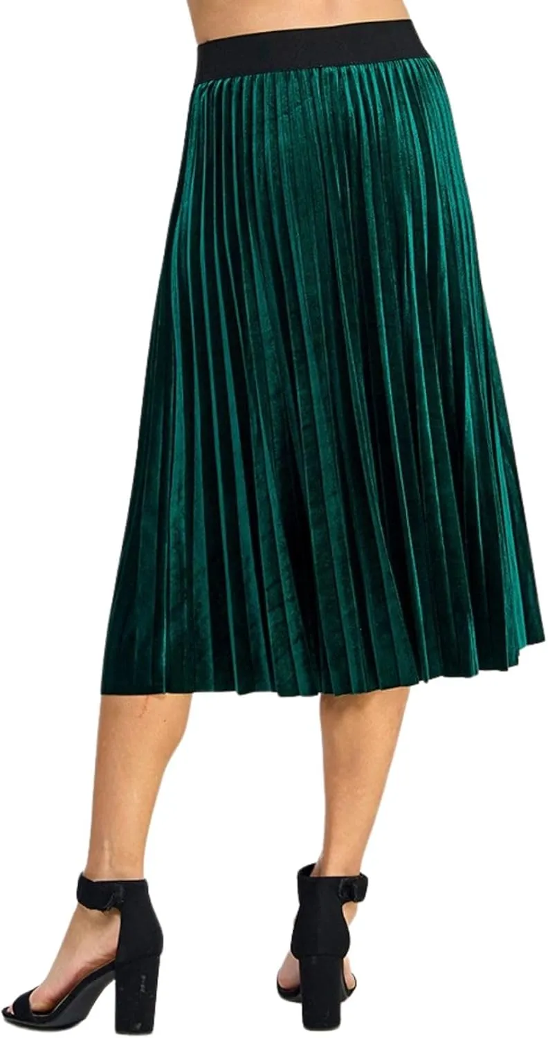 Womens Velvet Pleats Skirt Elastic-Waist A Line Midi Skirts Party Metallic Shiny Skirt