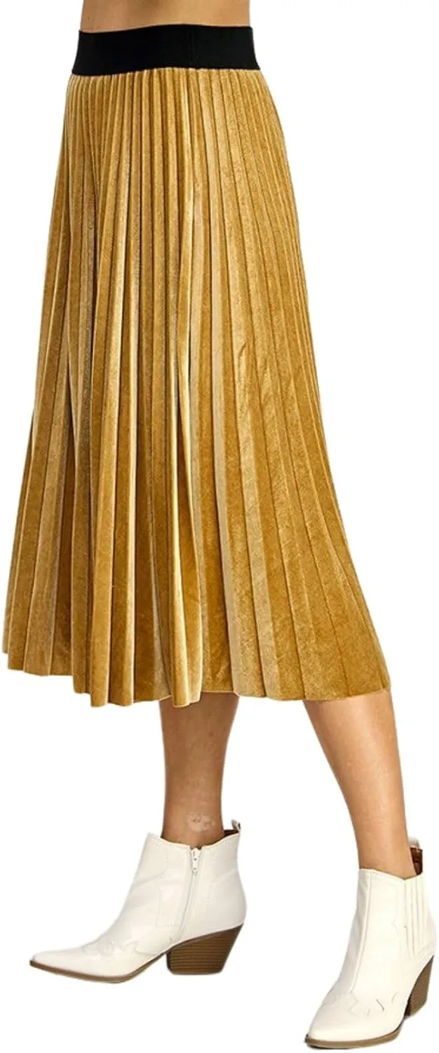 Womens Velvet Pleats Skirt Elastic-Waist A Line Midi Skirts Party Metallic Shiny Skirt