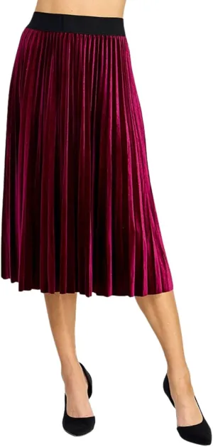 Womens Velvet Pleats Skirt Elastic-Waist A Line Midi Skirts Party Metallic Shiny Skirt