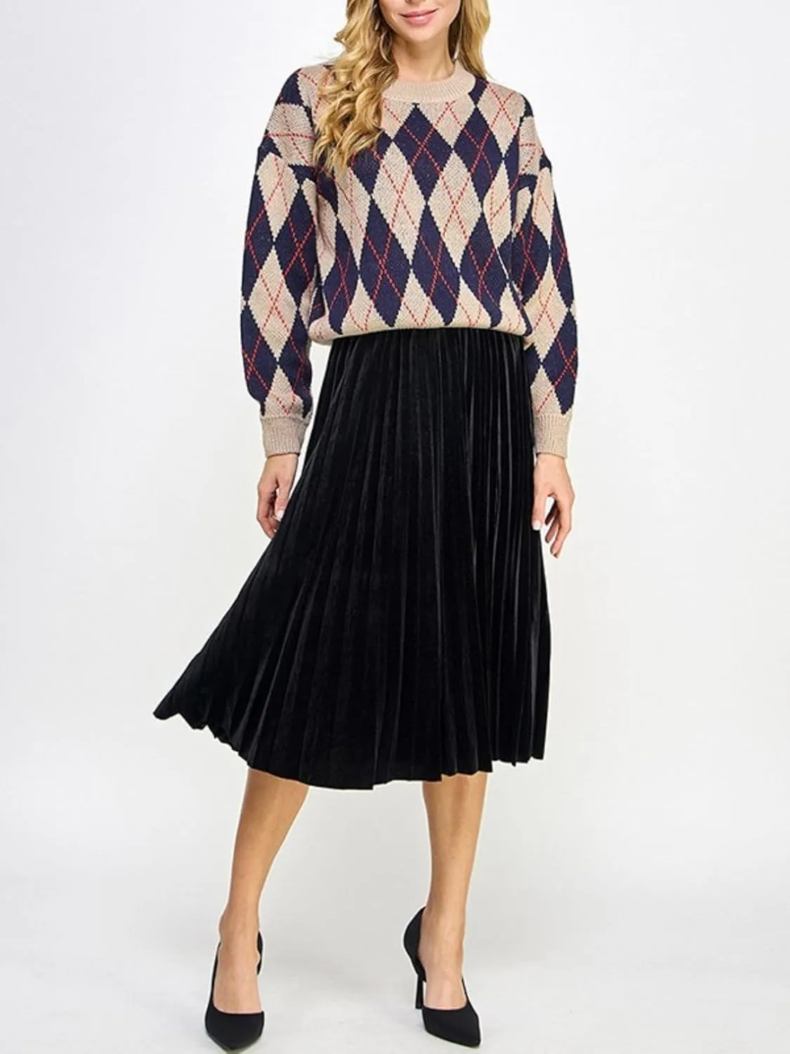 Womens Velvet Pleats Skirt Elastic-Waist A Line Midi Skirts Party Metallic Shiny Skirt