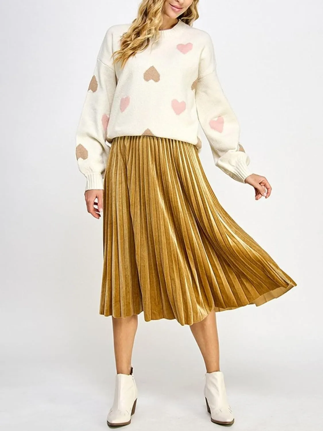 Womens Velvet Pleats Skirt Elastic-Waist A Line Midi Skirts Party Metallic Shiny Skirt
