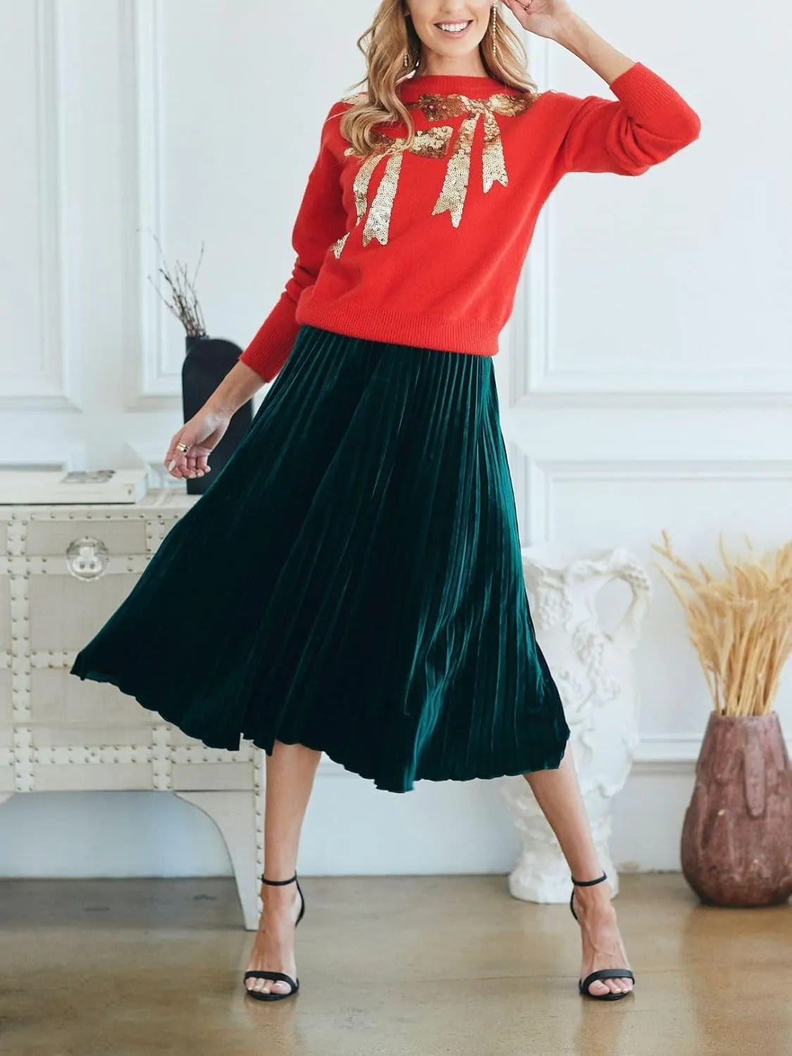 Womens Velvet Pleats Skirt Elastic-Waist A Line Midi Skirts Party Metallic Shiny Skirt