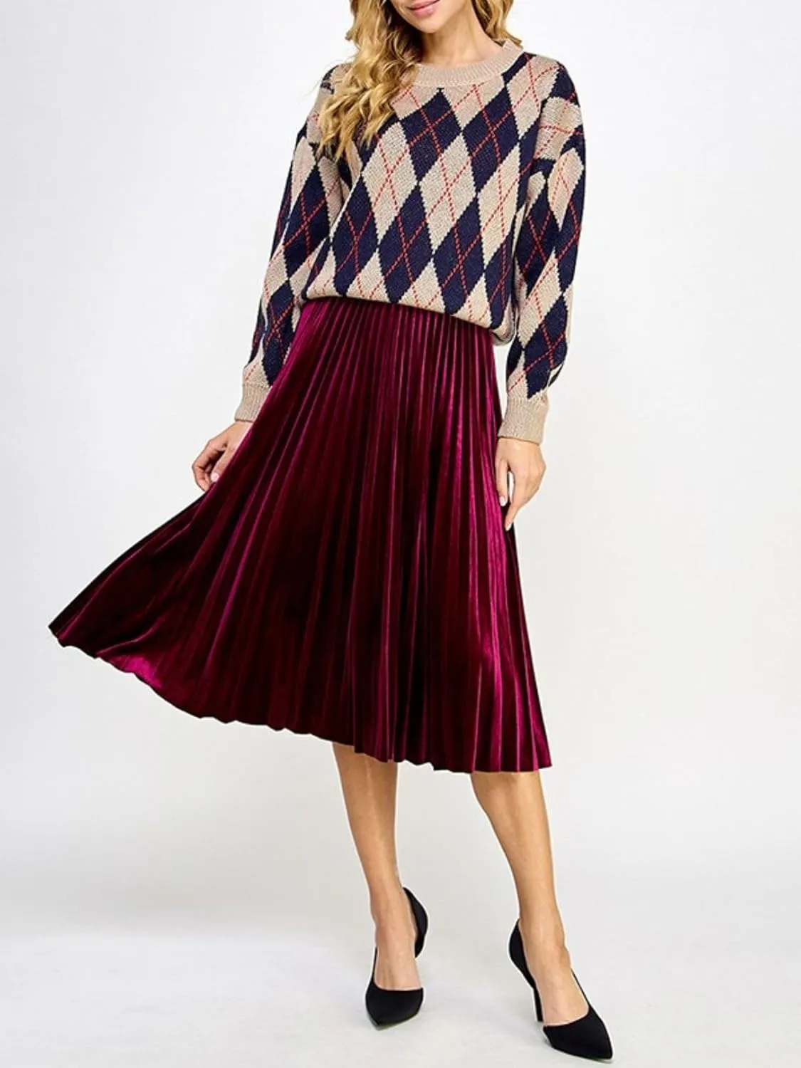 Womens Velvet Pleats Skirt Elastic-Waist A Line Midi Skirts Party Metallic Shiny Skirt