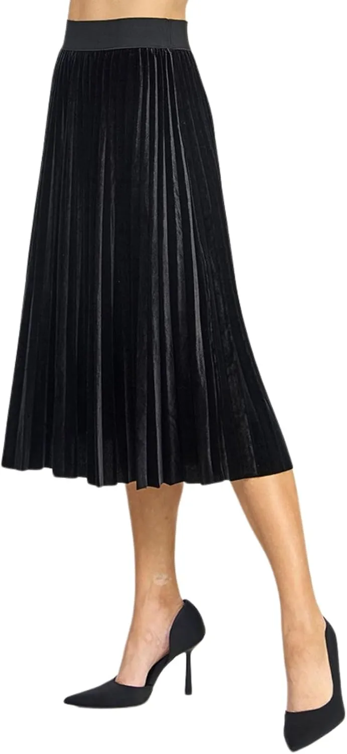 Womens Velvet Pleats Skirt Elastic-Waist A Line Midi Skirts Party Metallic Shiny Skirt