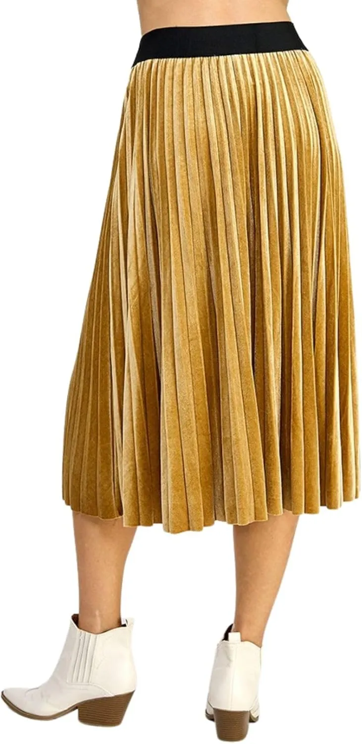 Womens Velvet Pleats Skirt Elastic-Waist A Line Midi Skirts Party Metallic Shiny Skirt
