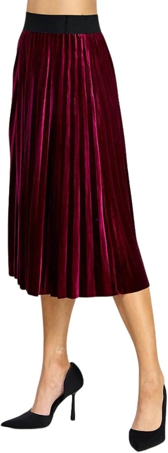 Womens Velvet Pleats Skirt Elastic-Waist A Line Midi Skirts Party Metallic Shiny Skirt