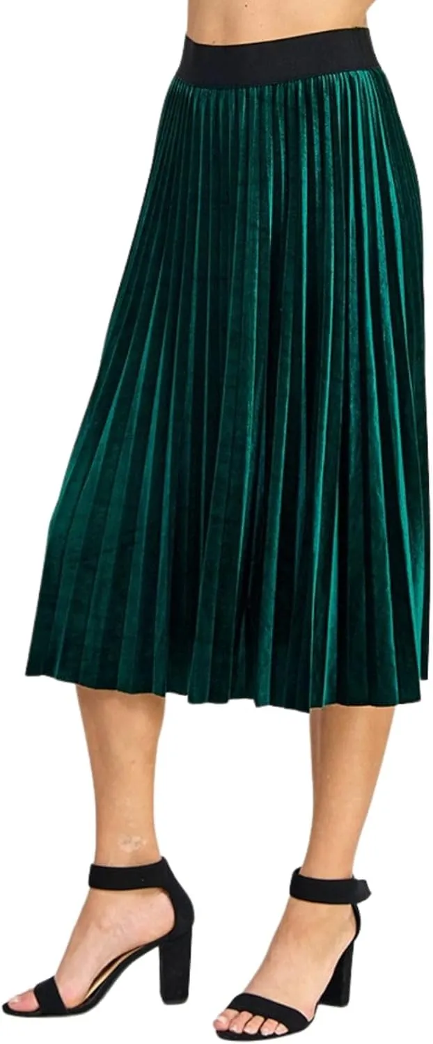 Womens Velvet Pleats Skirt Elastic-Waist A Line Midi Skirts Party Metallic Shiny Skirt