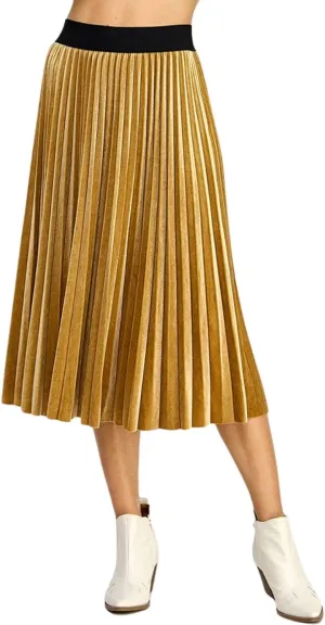 Womens Velvet Pleats Skirt Elastic-Waist A Line Midi Skirts Party Metallic Shiny Skirt