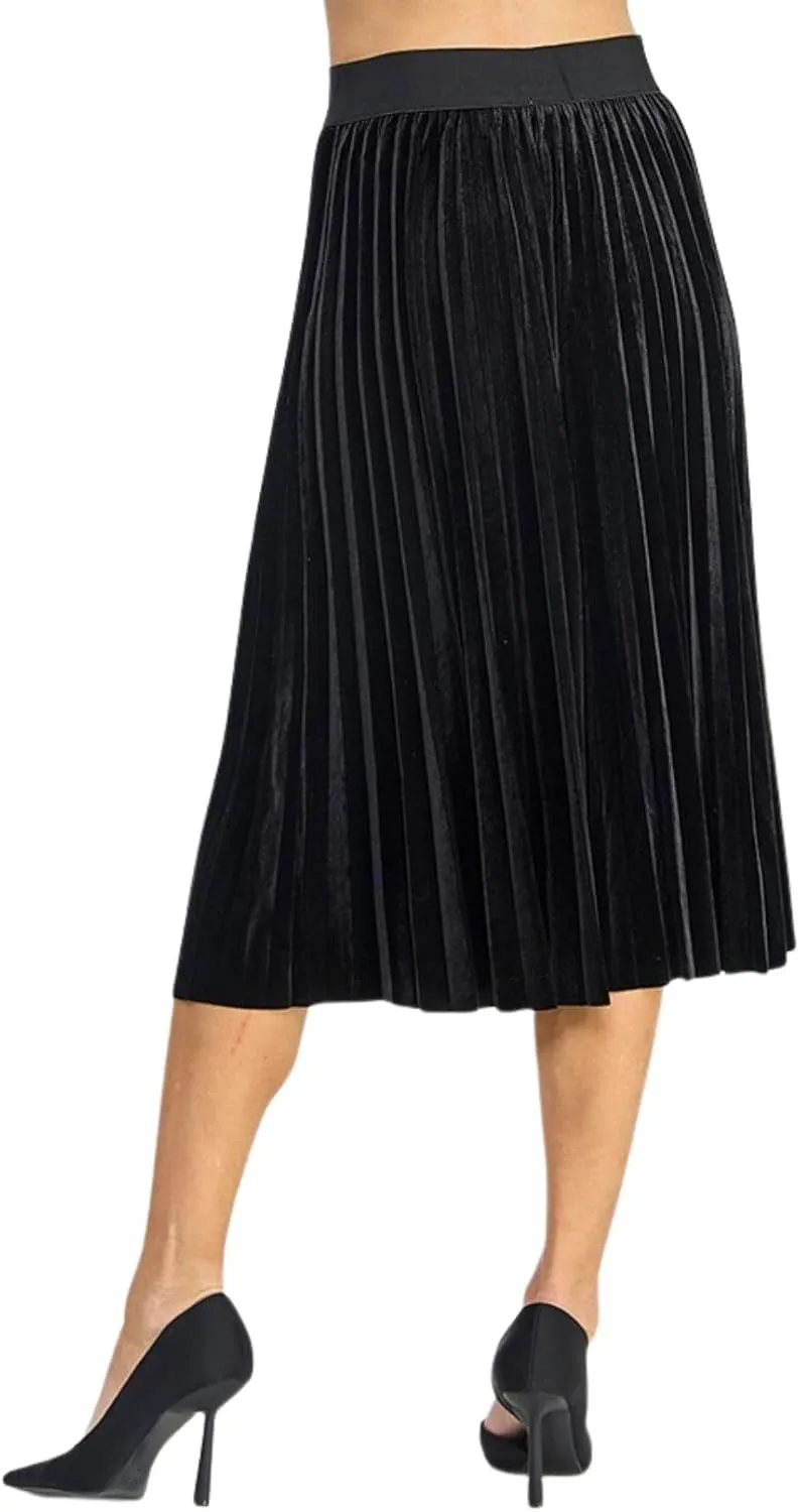 Womens Velvet Pleats Skirt Elastic-Waist A Line Midi Skirts Party Metallic Shiny Skirt