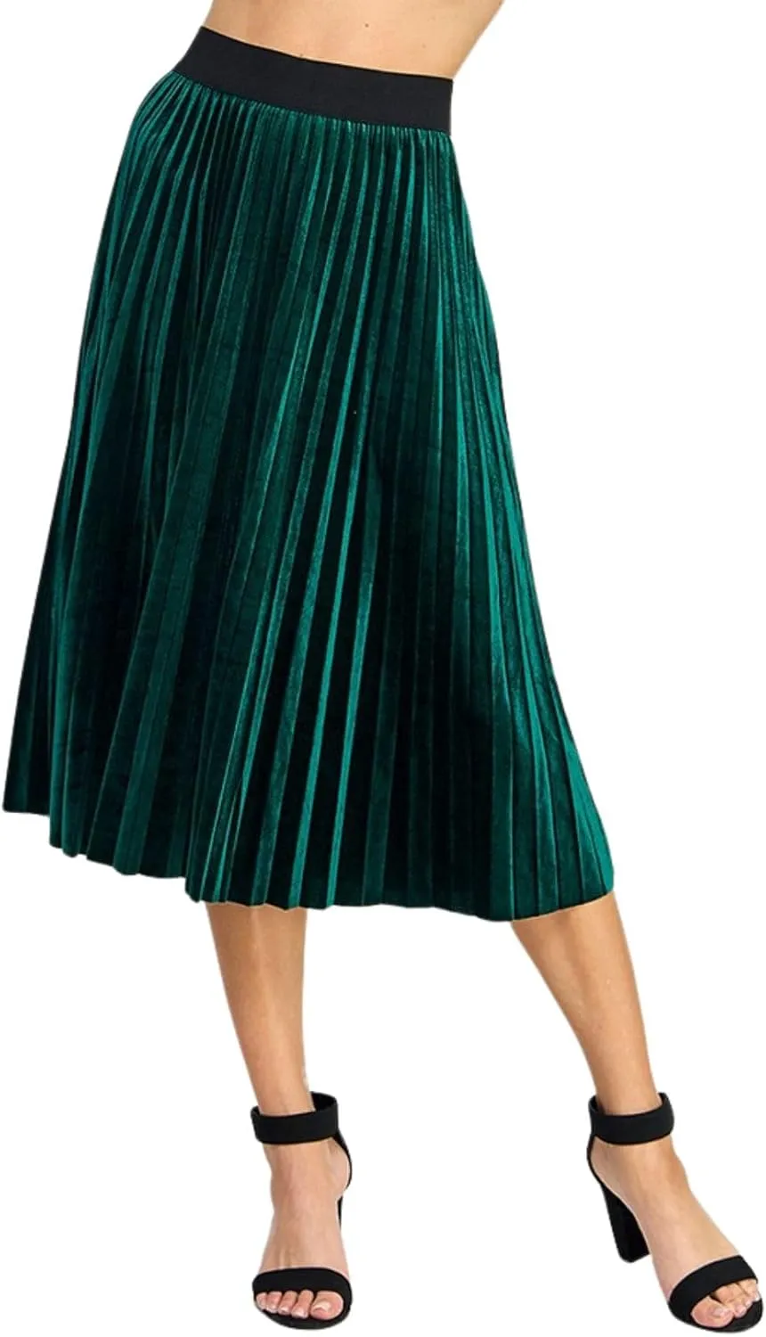Womens Velvet Pleats Skirt Elastic-Waist A Line Midi Skirts Party Metallic Shiny Skirt